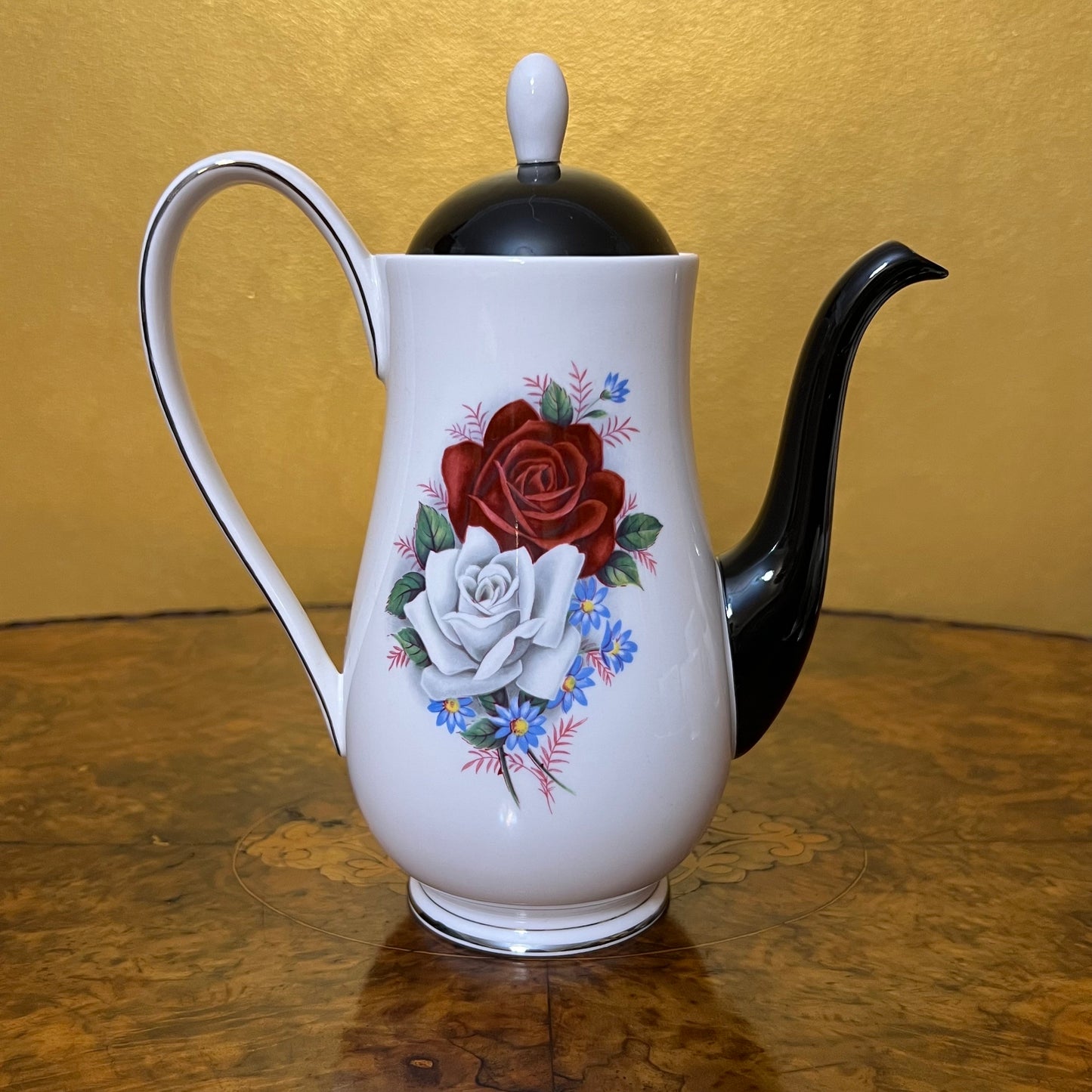 Vintage Queen Anne Black White Red Rose Coffee Set