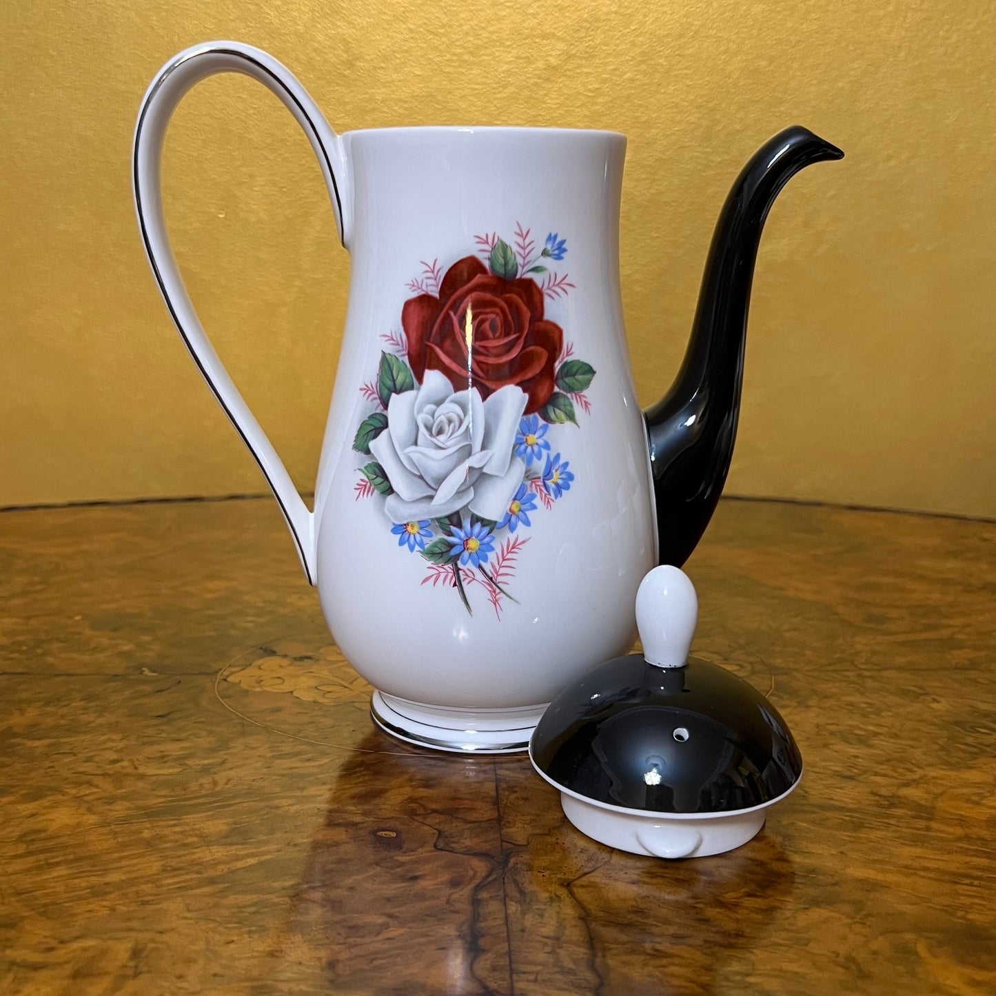 Vintage Queen Anne Black White Red Rose Coffee Set