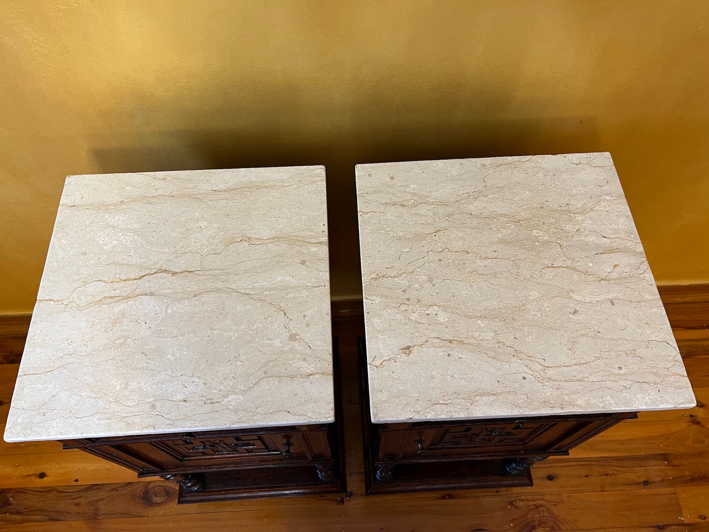 Antique French Oak 19th Century Marble Top Bedside Tables