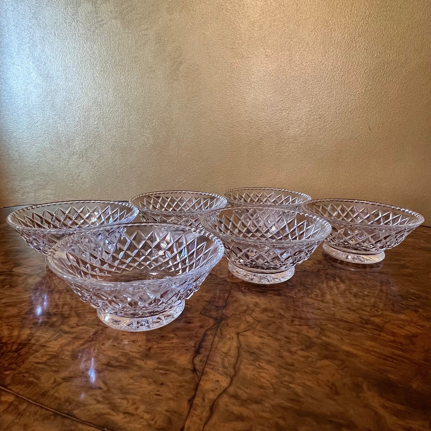 Vintage Glass Diamond Cut Design Desert Bowls Set Of Six