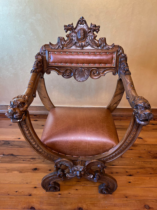 Antique French Leather & Oak Savonarola Armchair