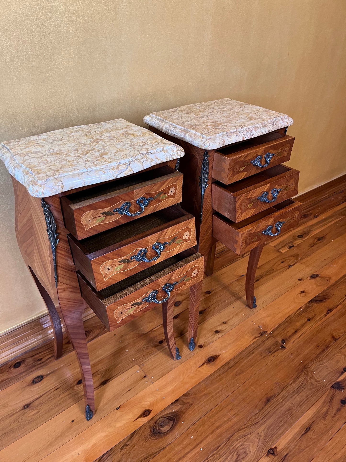 Antique French Marble Top Three Drawer Tables