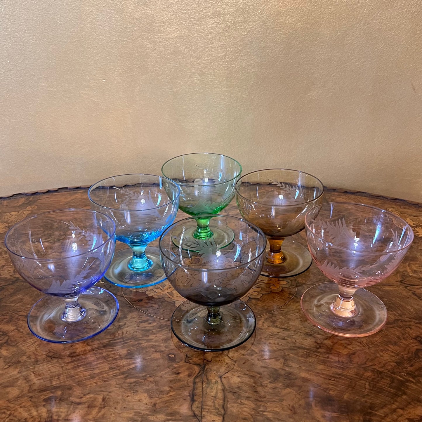 Vintage Crystal Etched Coloured Desert Bowls Set Of Six