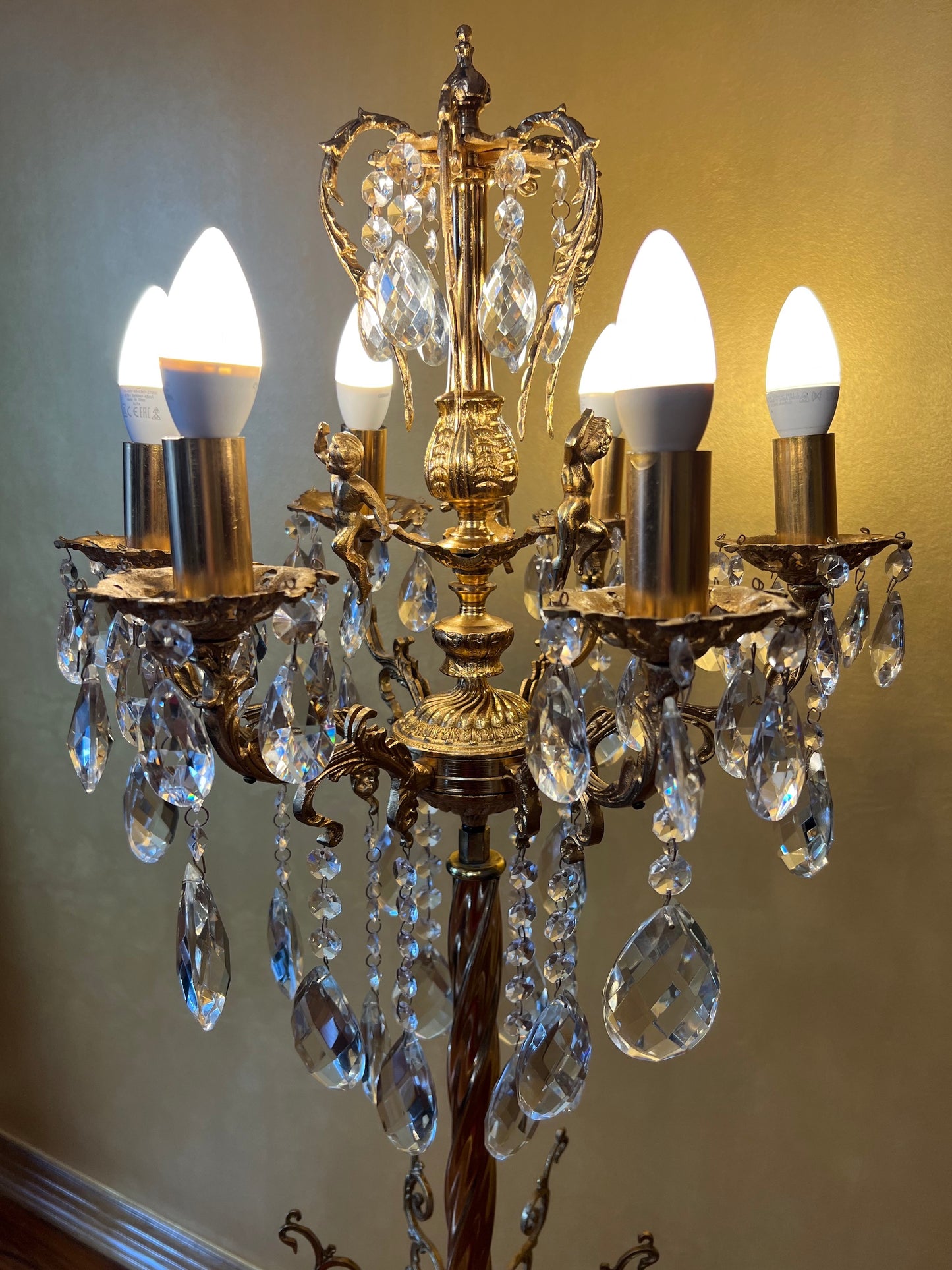 Vintage Brass Crystal Crown & Cherubs Floor Lamp