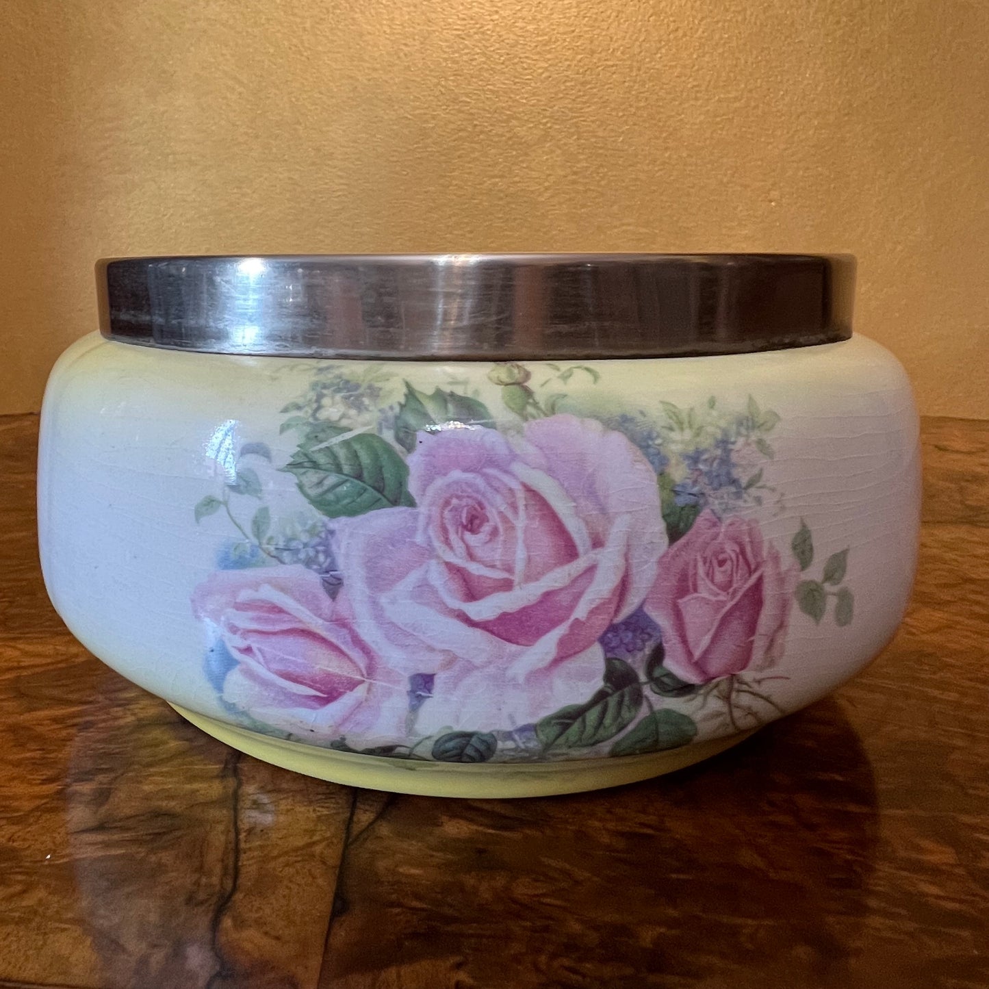 Rose Porcelain Serving Bowl with Silver Plate Trim