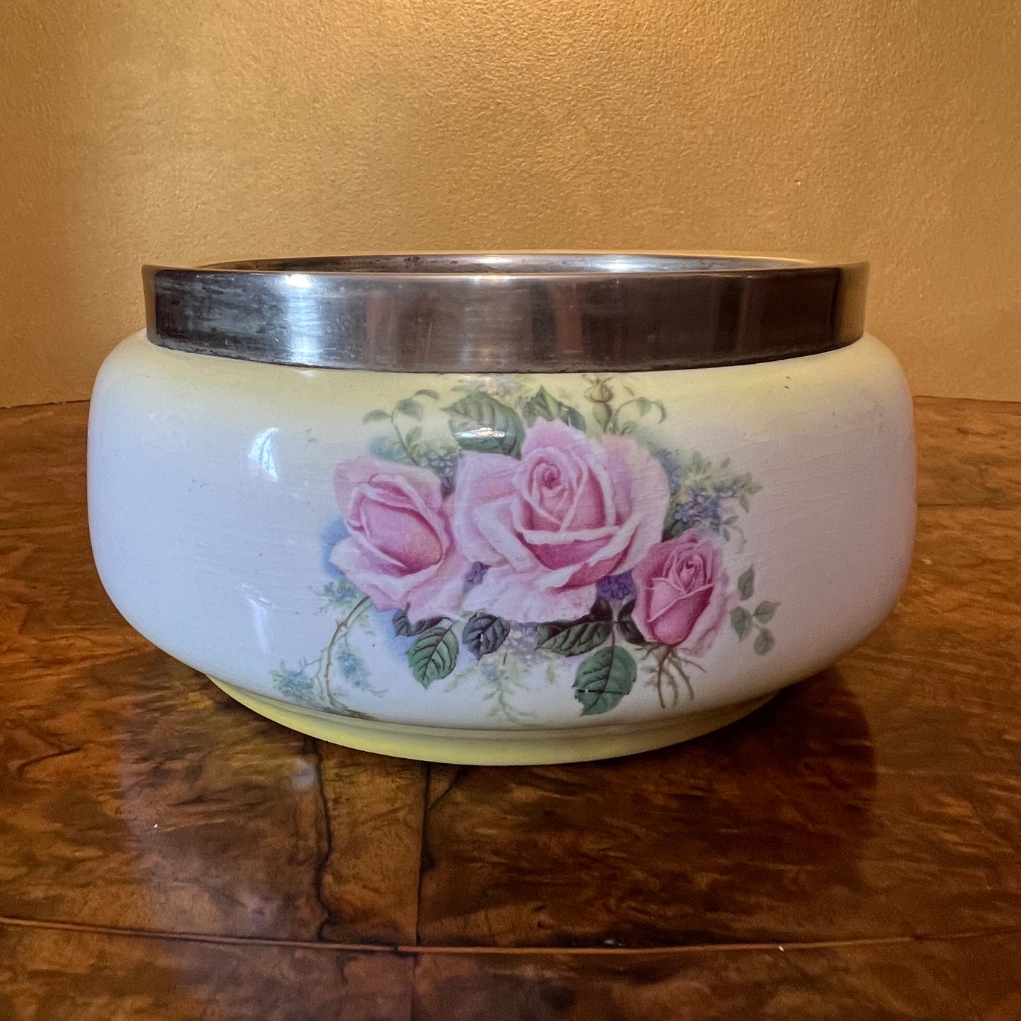 Rose Porcelain Serving Bowl with Silver Plate Trim