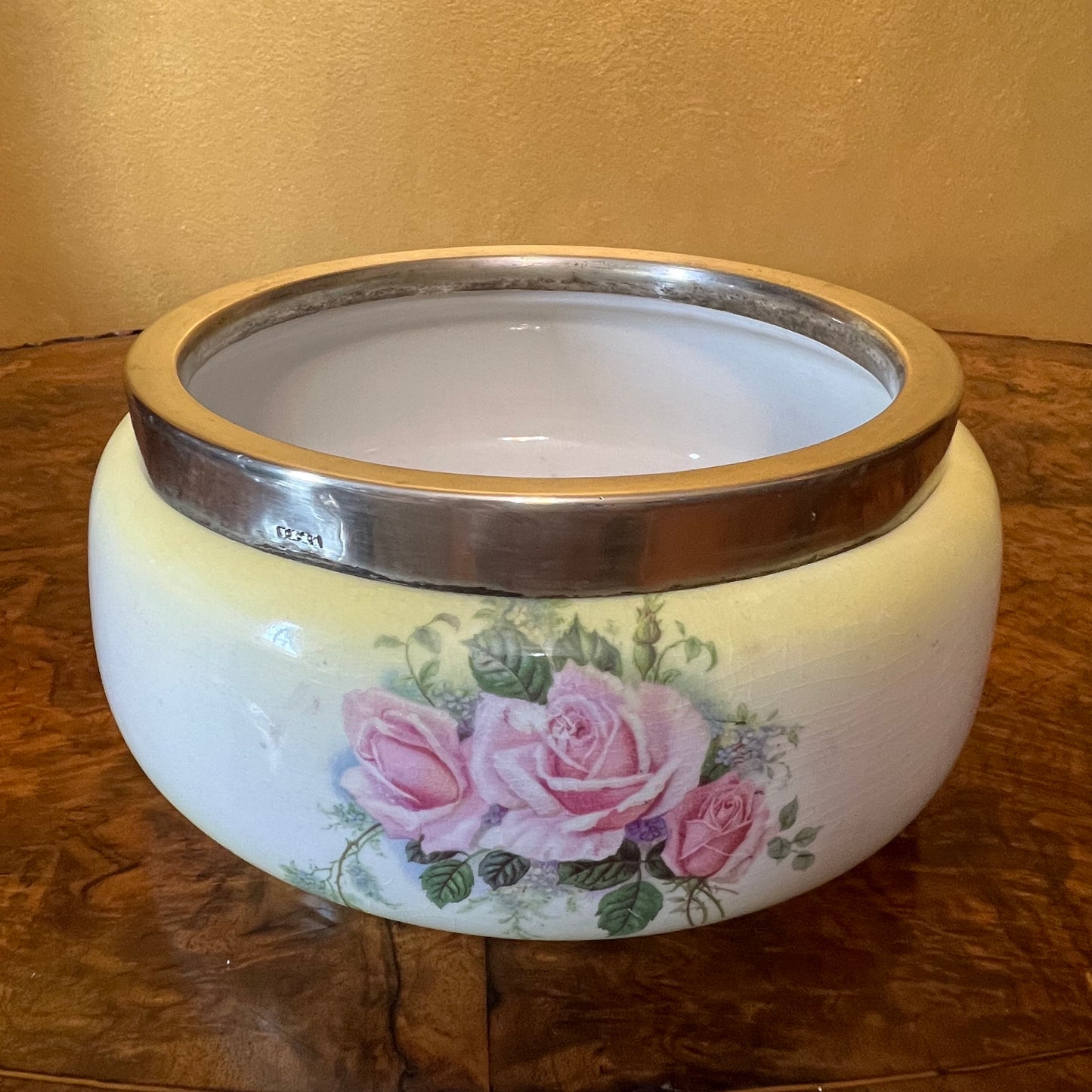 Rose Porcelain Serving Bowl with Silver Plate Trim