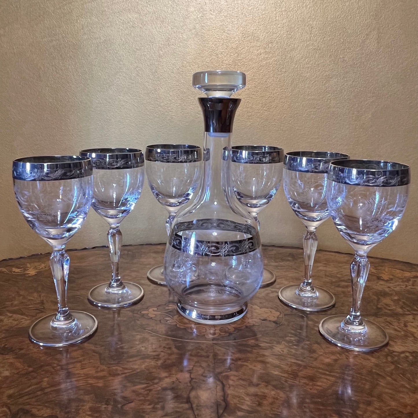 Vintage Venetian Silver Etched Wine Glass & Decanter Set