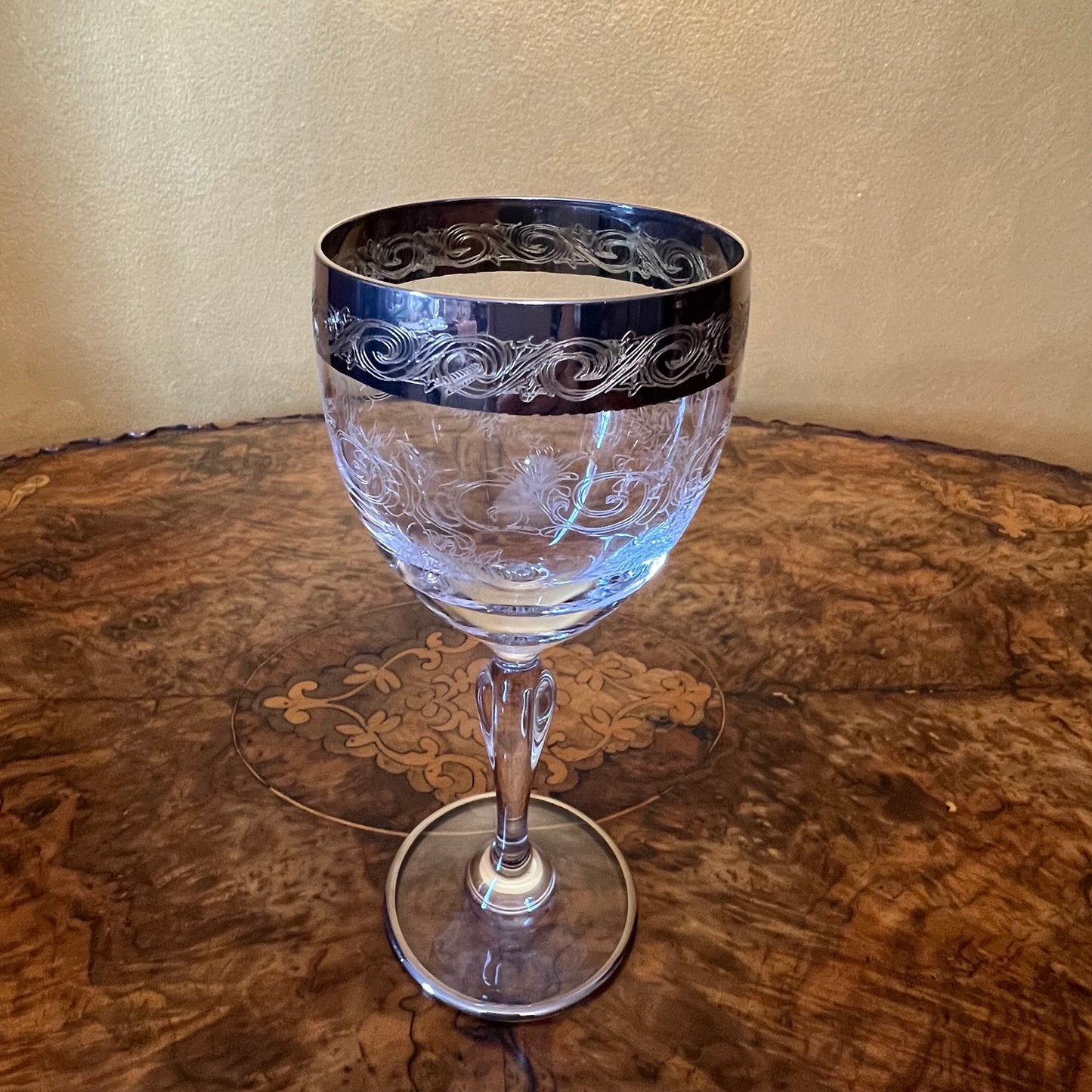 Vintage Venetian Silver Etched Wine Glass & Decanter Set