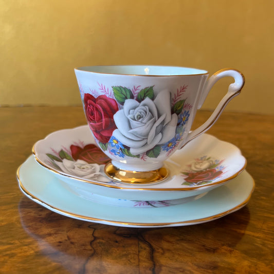 Vintage Queen Anne Duet Blue Tea Cup Trio Set