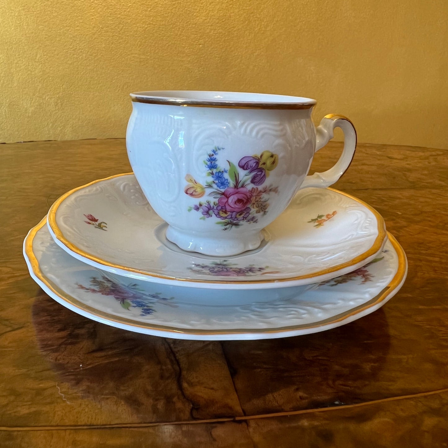 Vintage LC Bernadotte Floral Gold Trim Tea Cup Trio Set