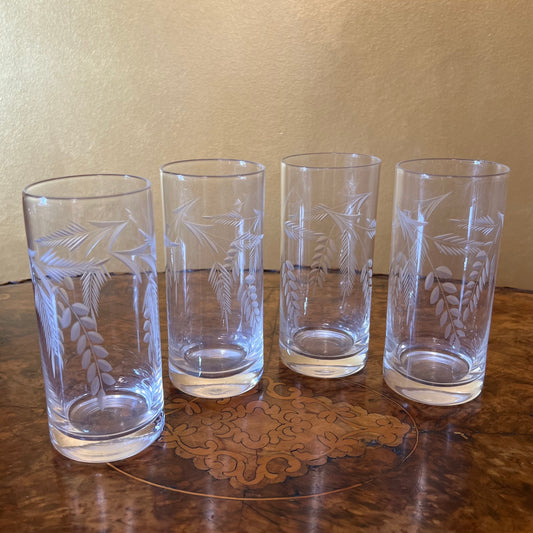 Vintage Leaves Etched Tall Glasses Set Of Four