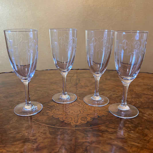 Vintage Etched Bamboo Glasses Set Of Four