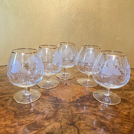 Bohemia Crystal Etched Gold Trim Brandy Glasses Set of Five