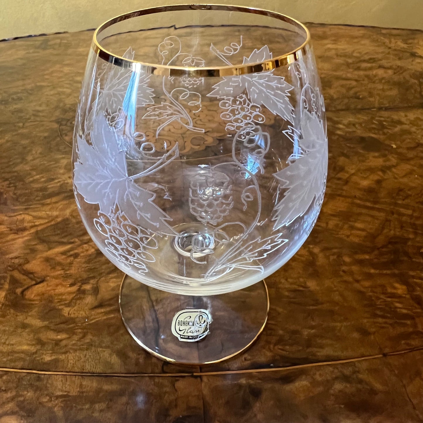 Bohemia Crystal Etched Gold Trim Brandy Glasses Set of Five