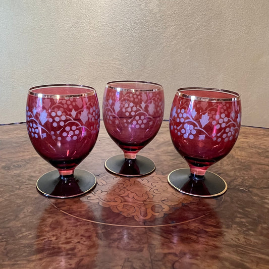 Vintage Cranberry Etched Grapes Crystal Glasses Set Of Three