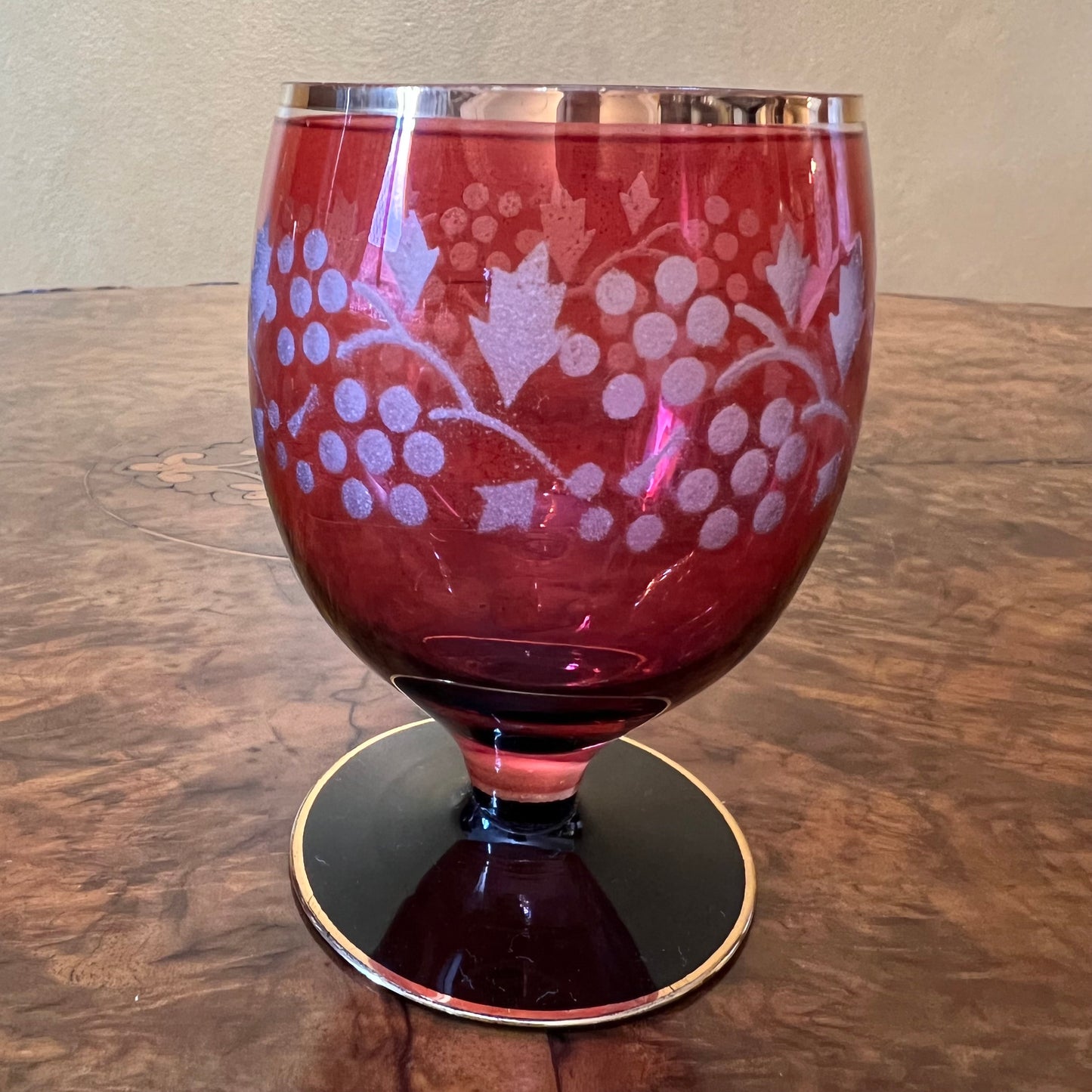 Vintage Cranberry Etched Grapes Crystal Glasses Set Of Three