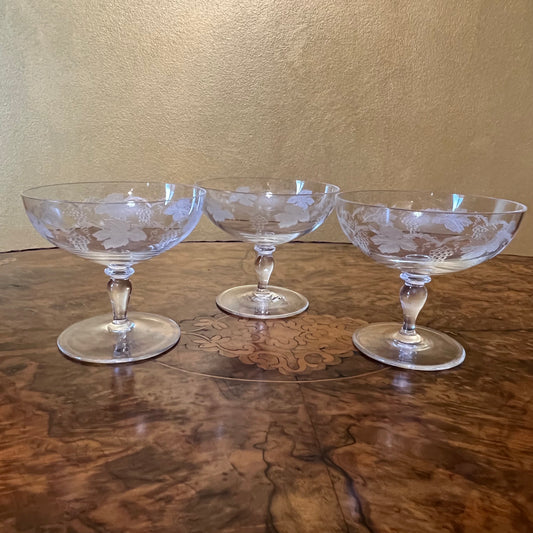 Vintage Crystal Etched Champagne Coupe Glasses Set Of Three