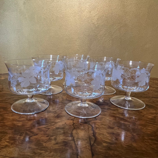 Vintage Etched Grapes Crystal Glasses Set Of Six