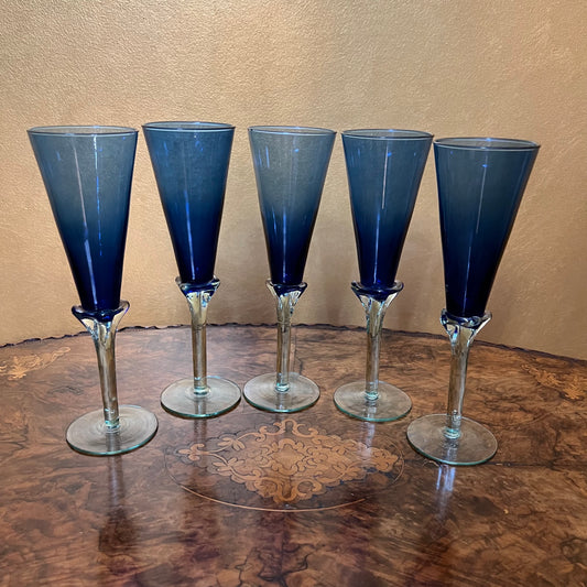 Vintage Blue Glass Champagne Flutes Set of 5