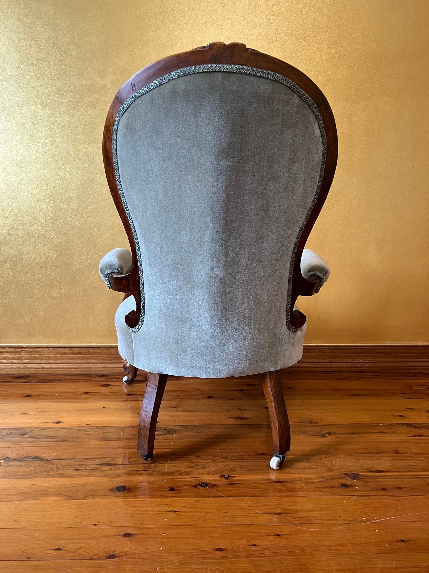 Antique Walnut Green Velvet Grandfather Chair