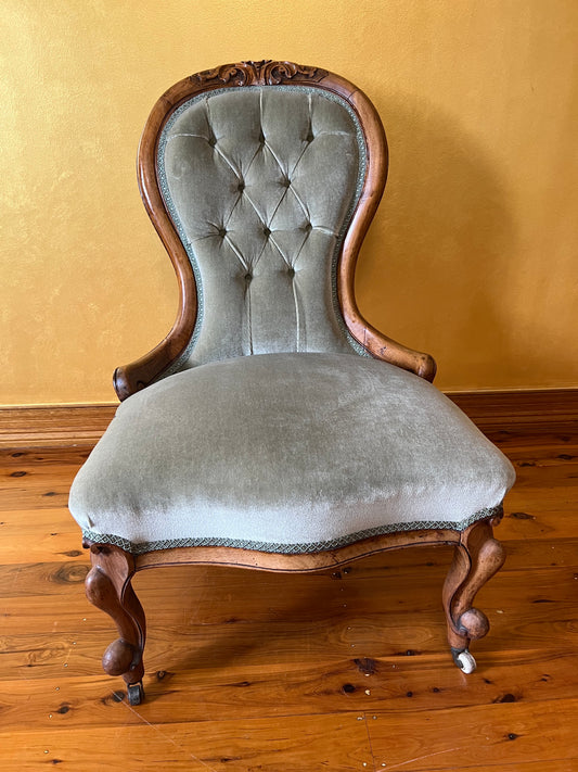 Antique Walnut Green Velvet Grandmother Chair