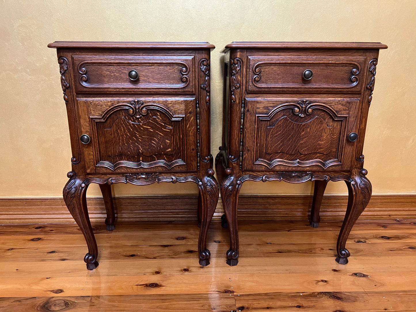 Antique French Oak Rare Bed Side Tables Pair