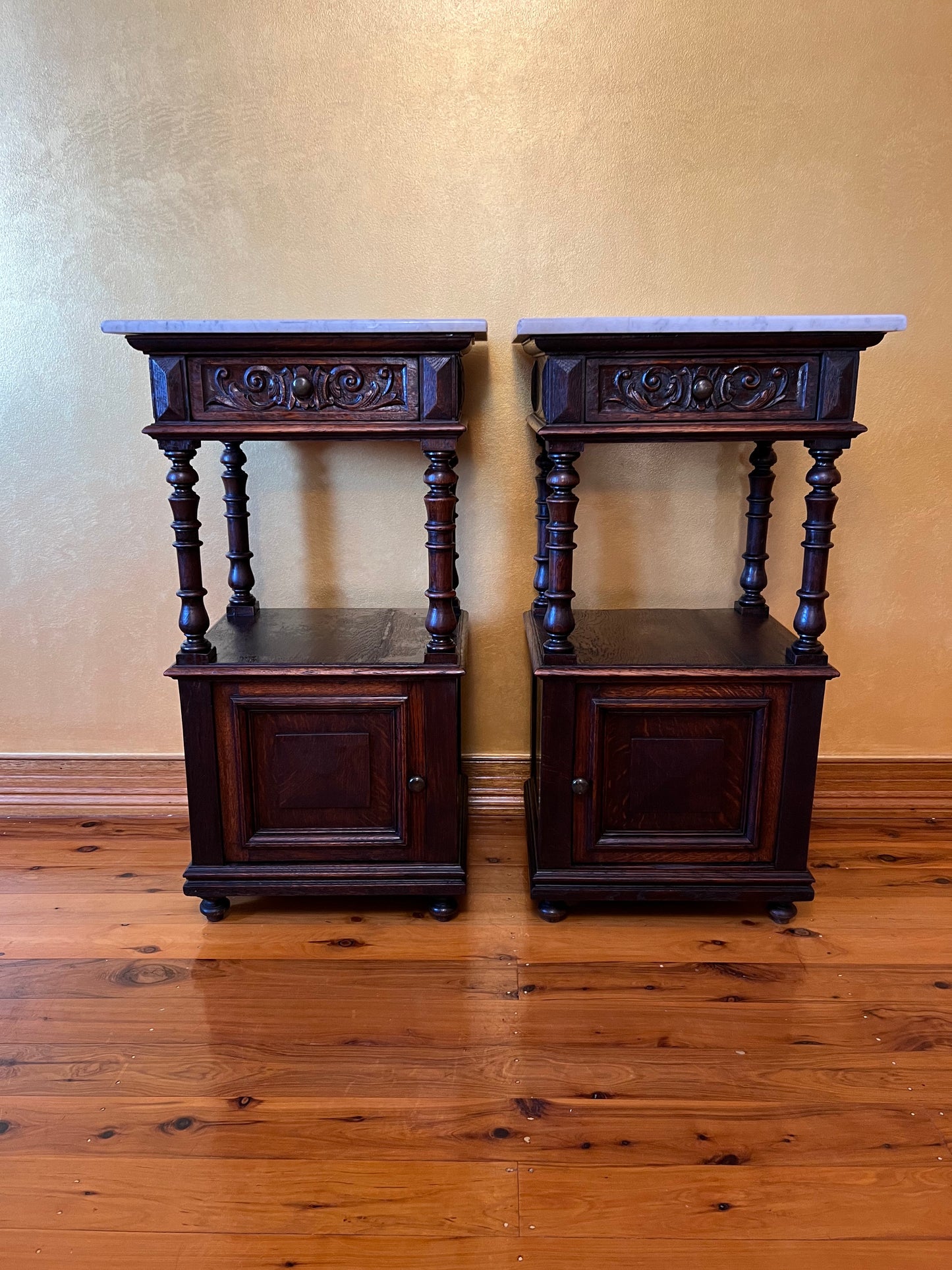 Antique Marble Top Oak Pair Of Bed Side Tables