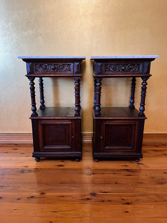 Antique Marble Top Oak Pair Of Bed Side Tables