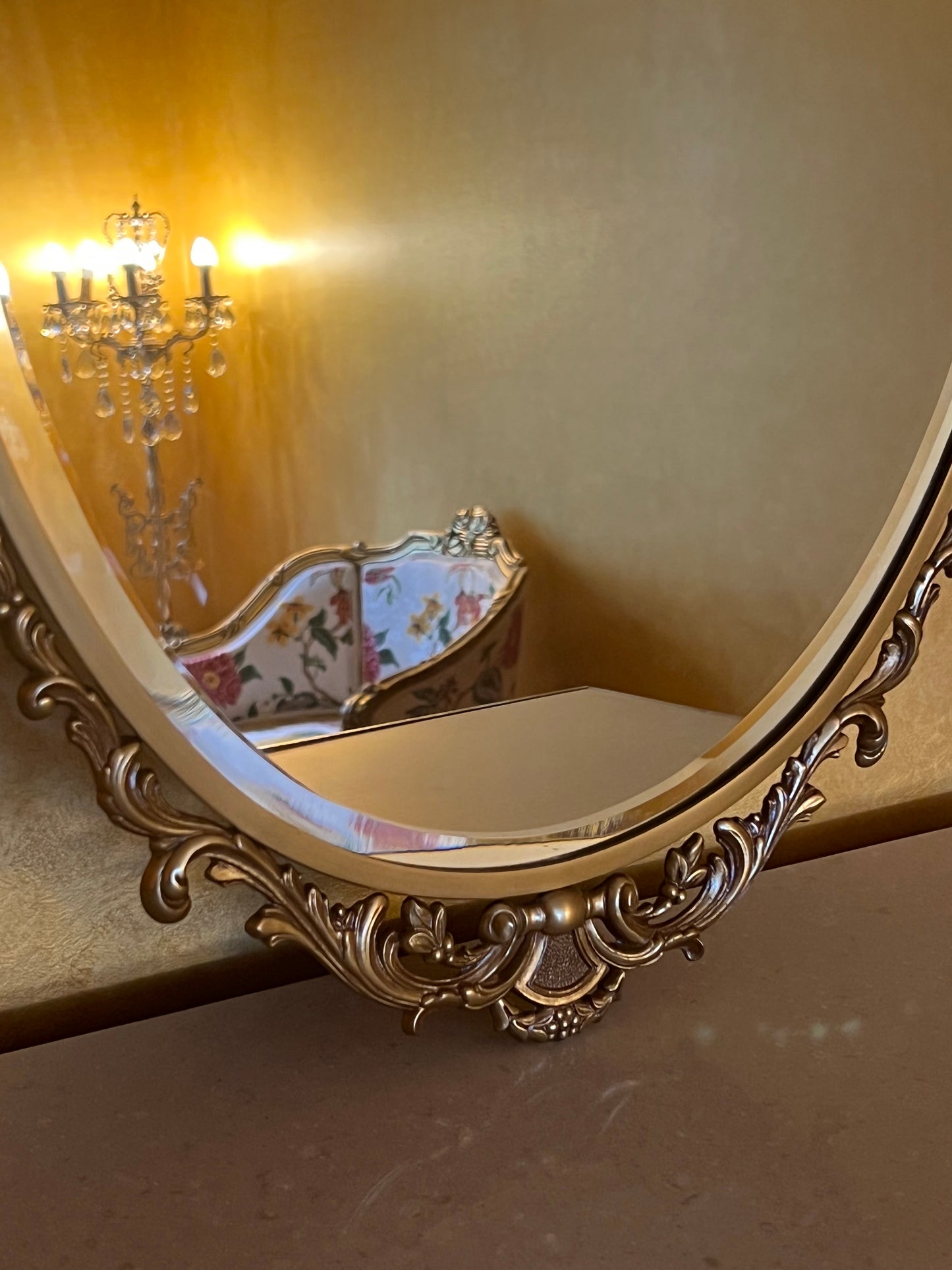 Vintage Brass Ornate Framed Oval Bevelled Edge Mirror