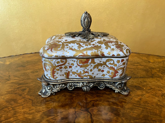 Vintage Porcelain & Brass Trinket Box with Lid