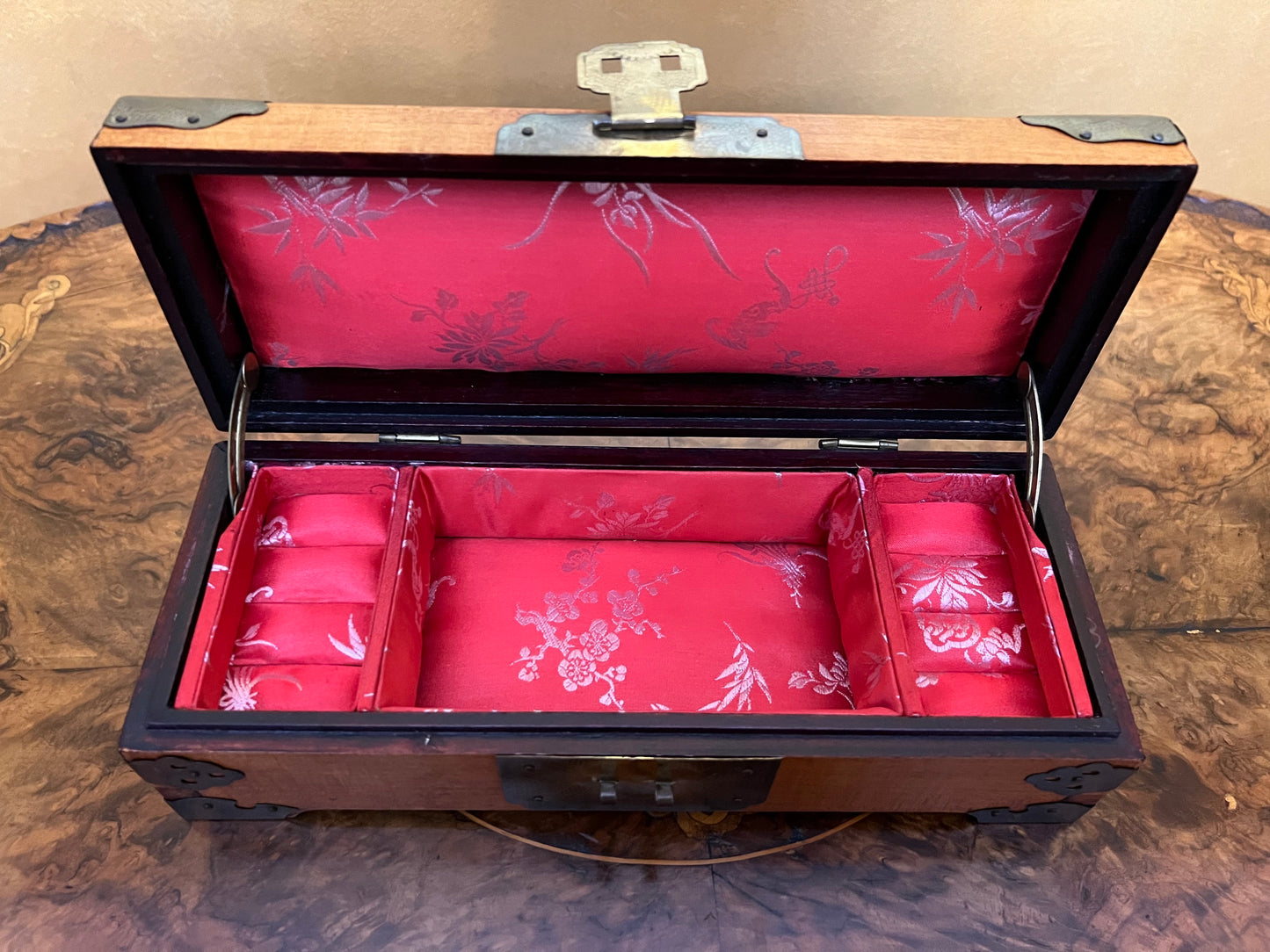 Antique Chinese Jade Insert Jewellery Box with Key Lock