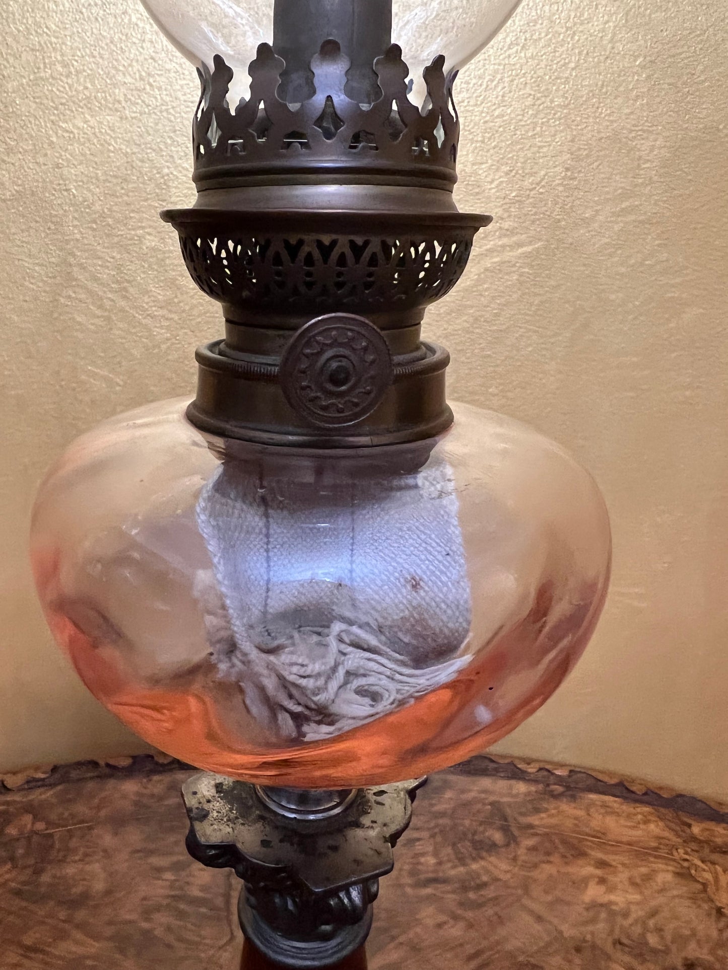 Antique Marble Spelter Pink Glass Kerosene Lamp