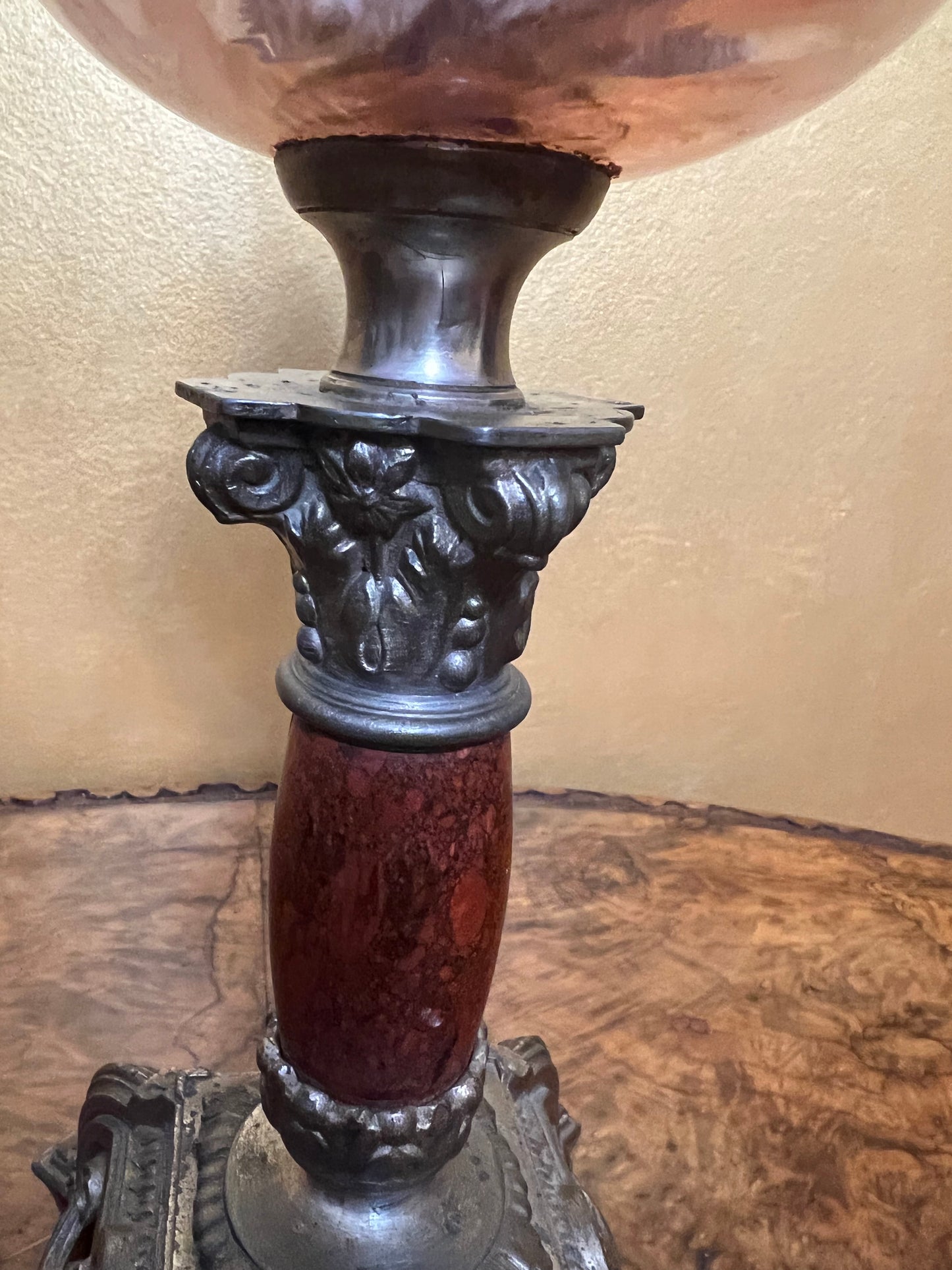 Antique Marble Spelter Pink Glass Kerosene Lamp