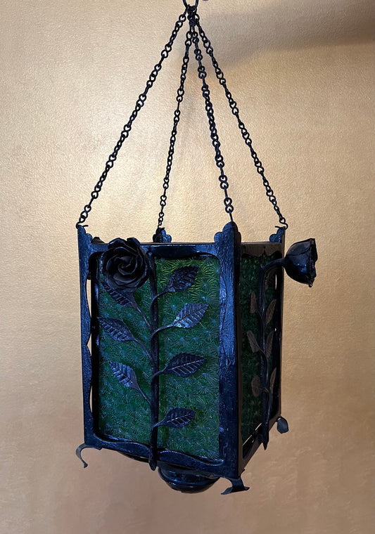 Antique French Iron & Green Glass Ceiling Light Shade
