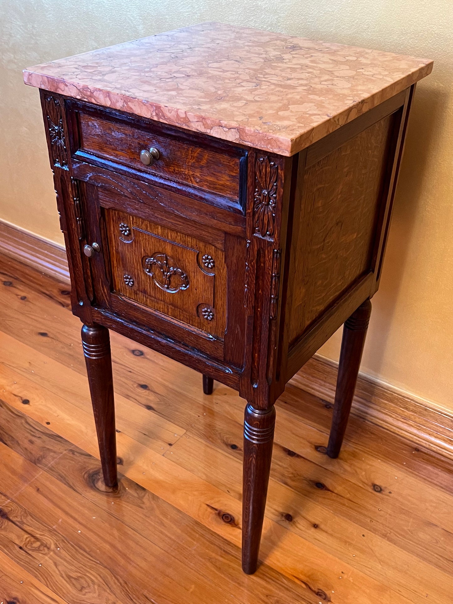 Antique French Oak Marble Top Bedside Table