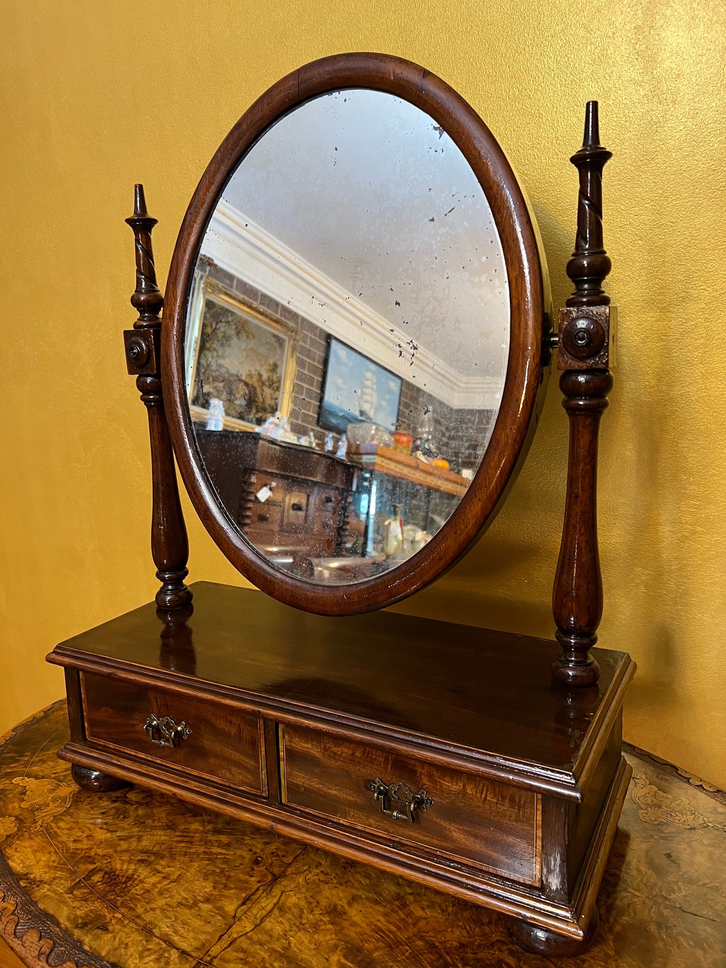 Antique Victorian Mahogany Two Drawer Toilet Mirror