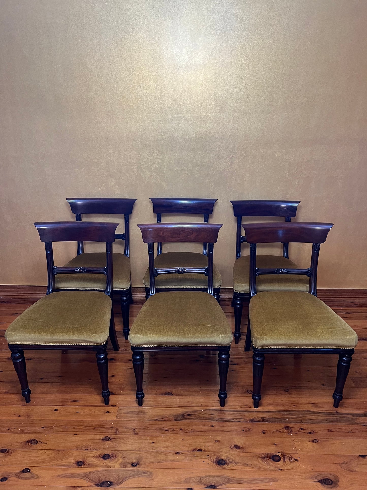 Antique English Mahogany Gold Velvet Chairs Six Set