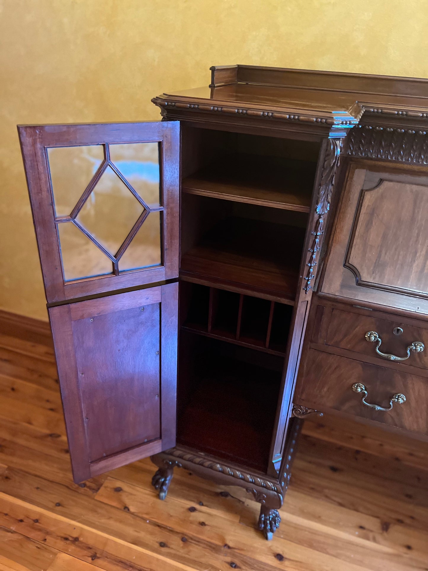 Antique English Mahogany Secretair Bureau Desk With Cabinets
