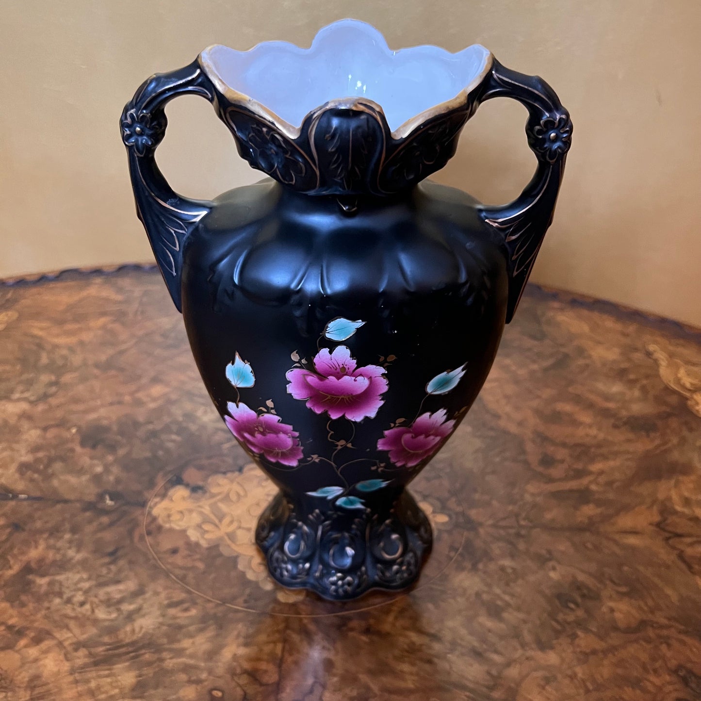 Vintage English Floral Black Vase