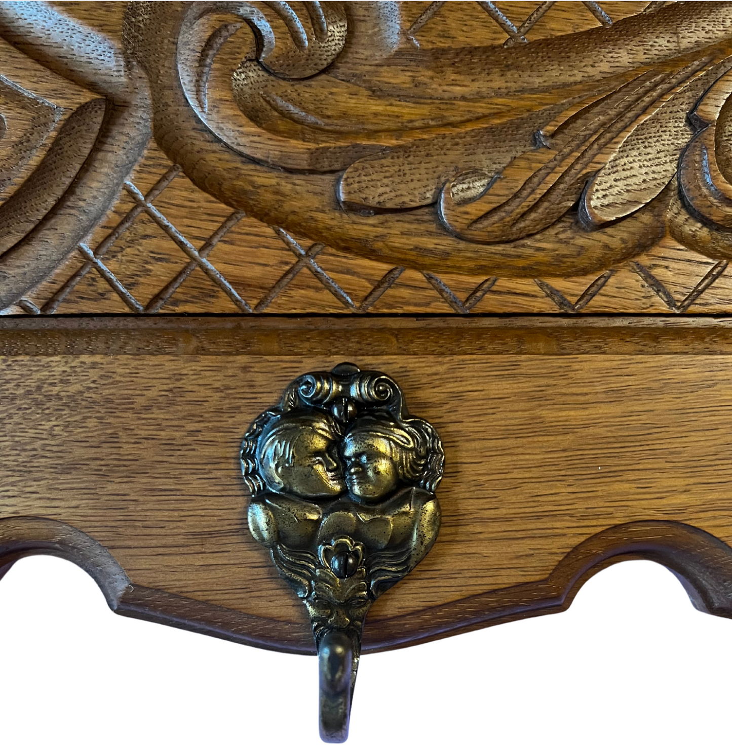 Antique French Carved Detail Oak Coat Rack