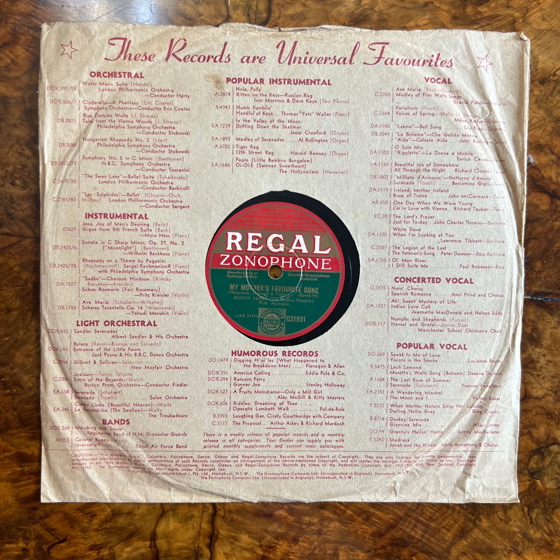 Sonny Hirst Just A Tiny Golden Locket/ My Mother's Favourite Song Record