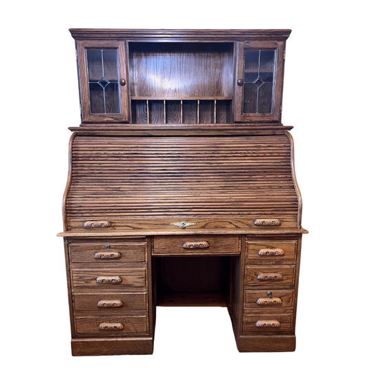 American Antique Reproduction Roll Top Desk with Top Cupboard