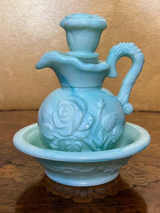 Vintage Avon Aqua Fostoria Glass Pitcher and Bowl