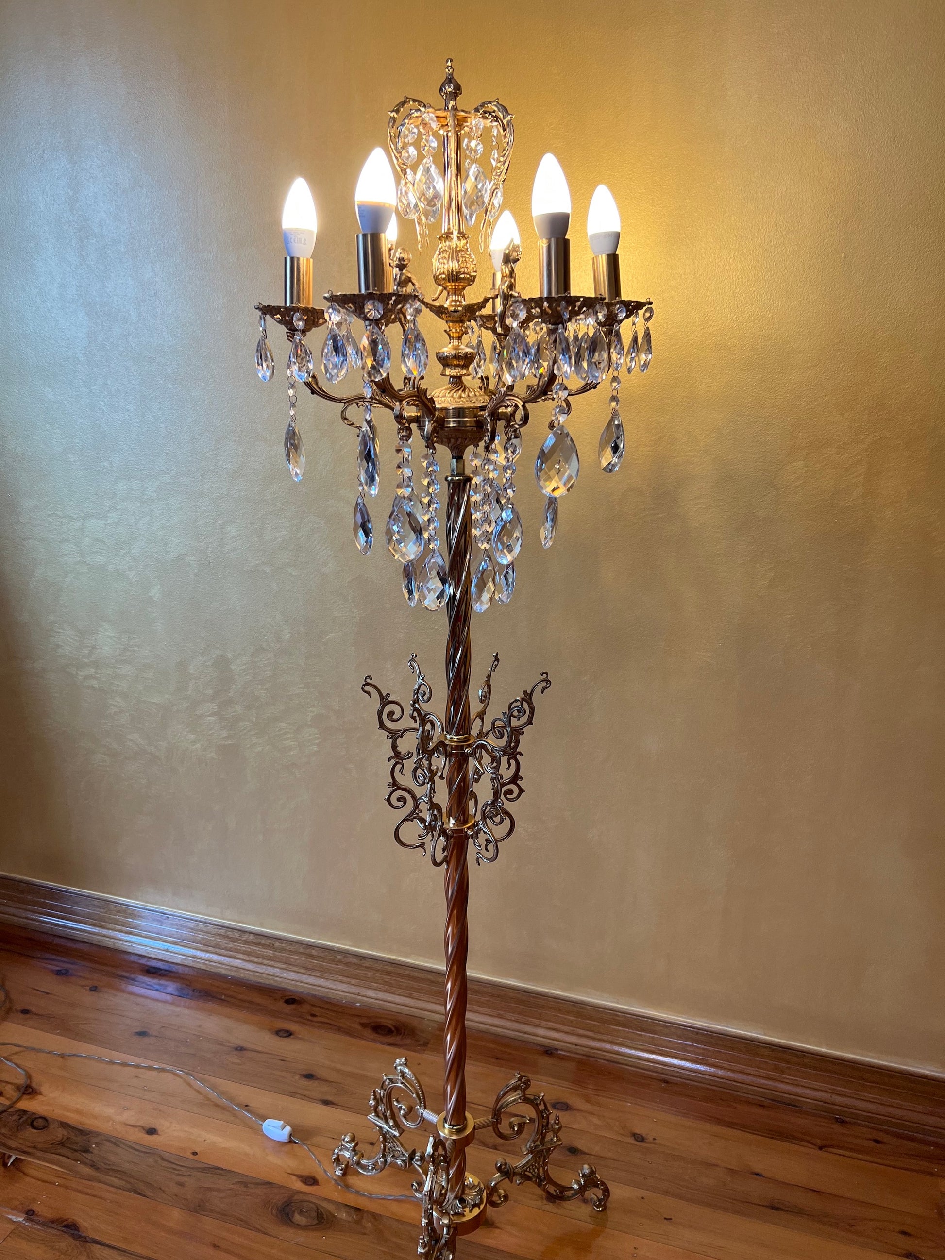Vintage Brass Crystal Crown & Cherubs Floor Lamp