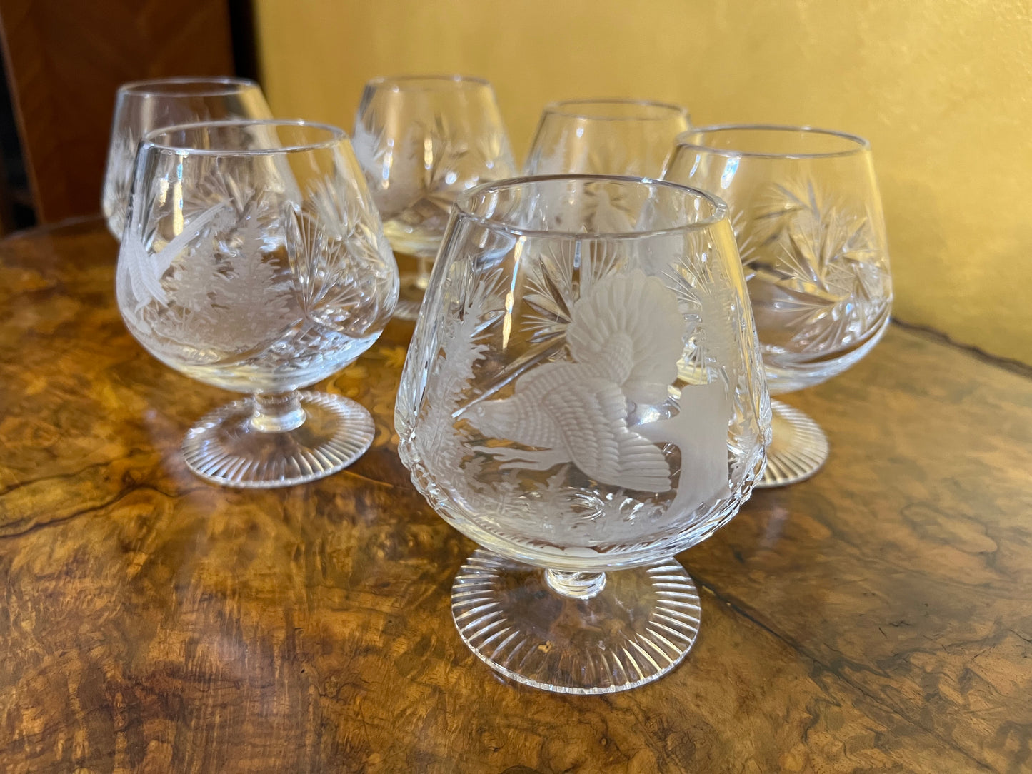 Vintage Crystal Birds Etched Brandy Glasses 