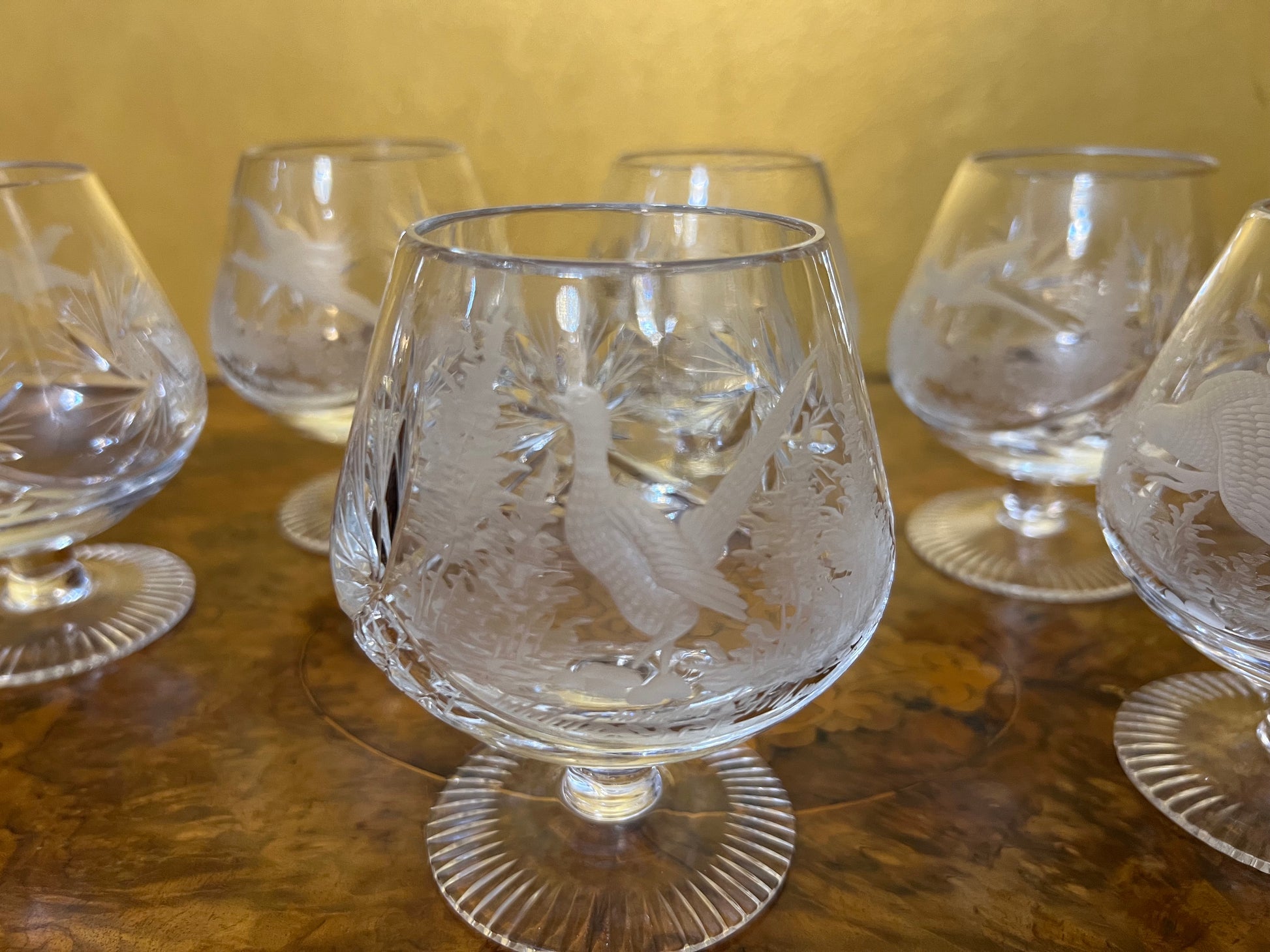 Vintage Crystal Birds Etched Brandy Glasses Set 