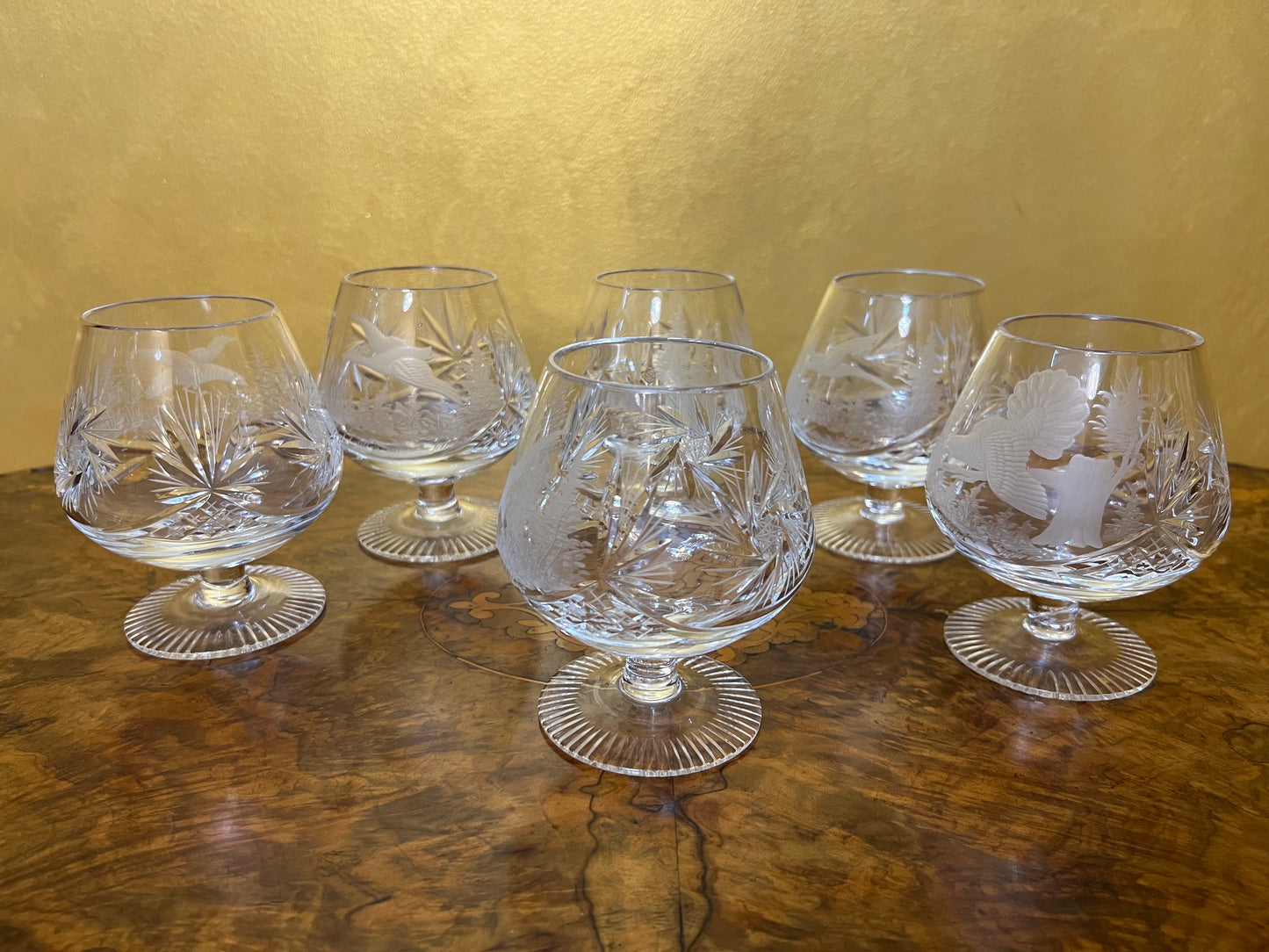 Vintage Crystal Birds Etched Brandy Glasses Set Of Six