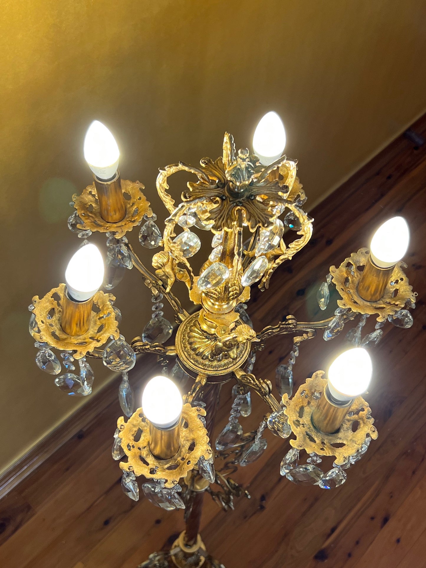 Vintage Crystal & Cherubs Brass Floor Lamp