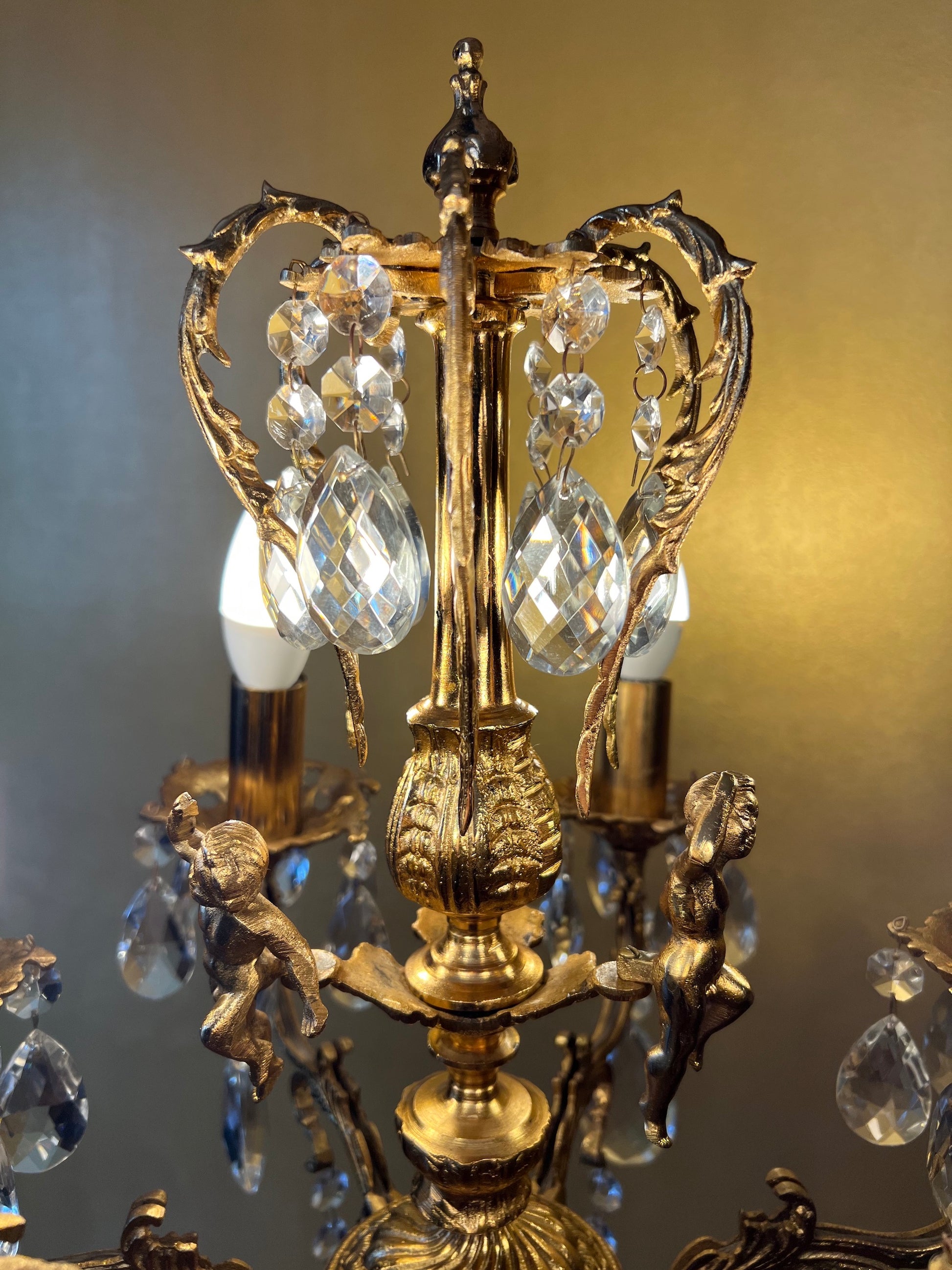 Vintage Crystal Crown & Cherubs Brass Floor Lamp